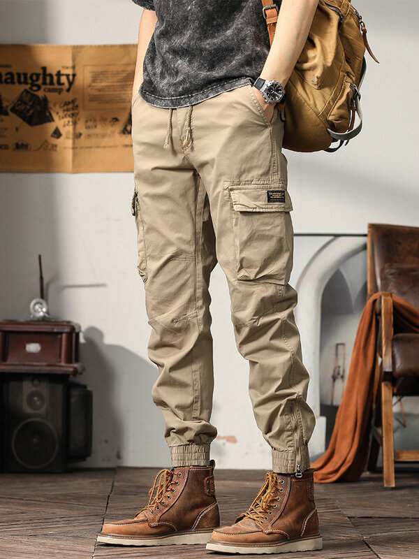 กางเกงคาร์โก้ผู้ชายผ้าฝ้ายระบายอากาศได้, กางเกงขายาวเข้ารูป2023ใหม่ฤดูร้อนกางเกงลำลองสลิมมีกระเป๋าหลายกระเป๋ามีซิป