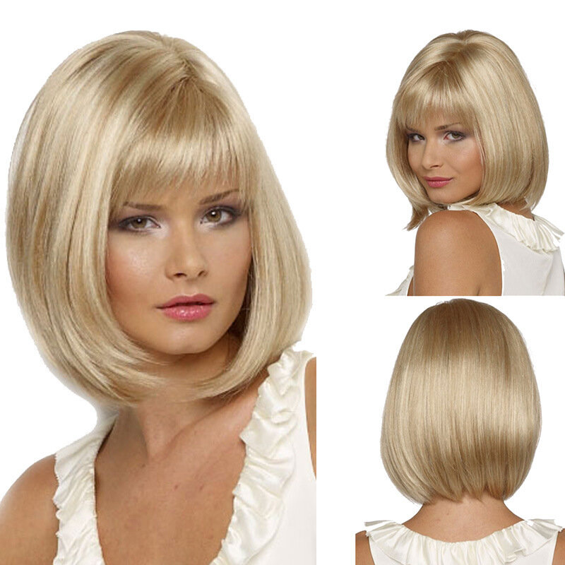 Peruca de penteado curto reto para mulheres, cabelo loiro claro, europeu e americano, africano, popular, novo, elegante