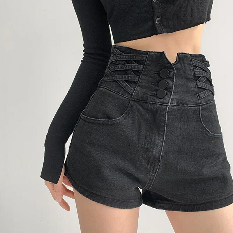 Shorts Frauen Sommer hohe Taille Denim Criss-Cross-Design koreanische heiße Mädchen einfache All-Match beliebte Retro A-Linie schlanken Chic
