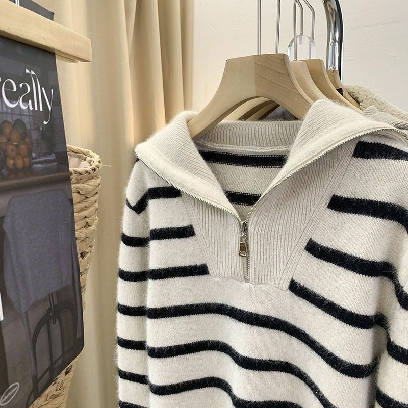 Suéter de malha de zíper listrado feminino, pulôver solto, suéter de manga comprida, roupas estilo coreano, outono, inverno, 2023