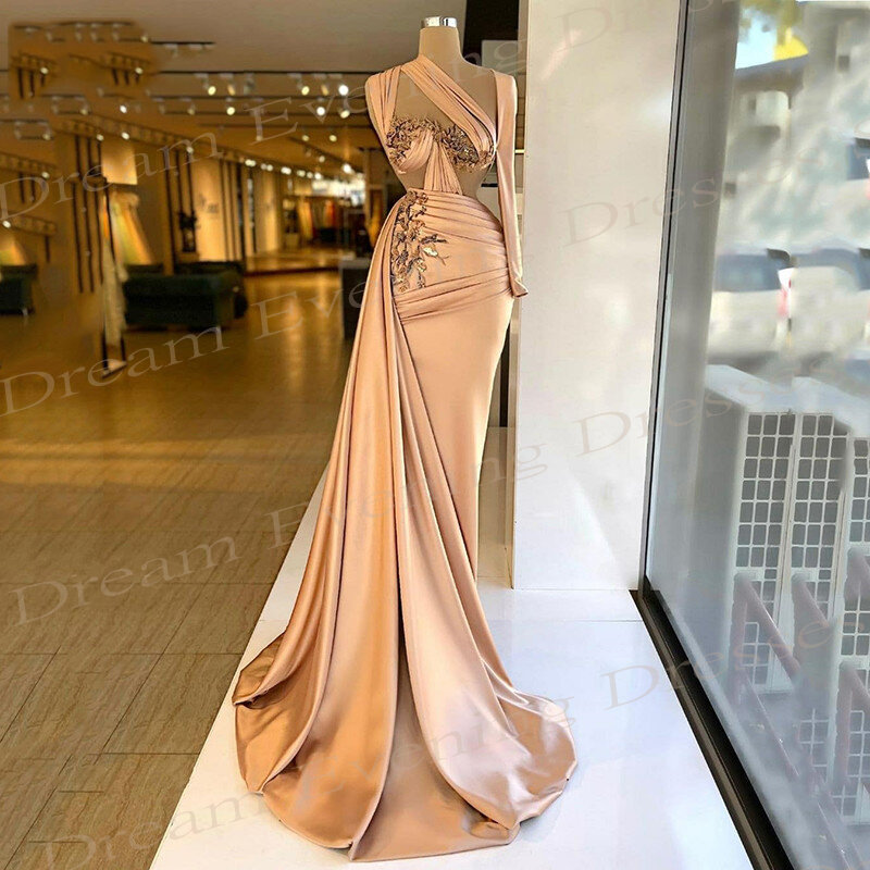 2024 Charming Champagne Women's Mermaid Modern Evening Dresses Elegant One Shoulder Long Sleeve Prom Gowns 3D Flowers Pleated
