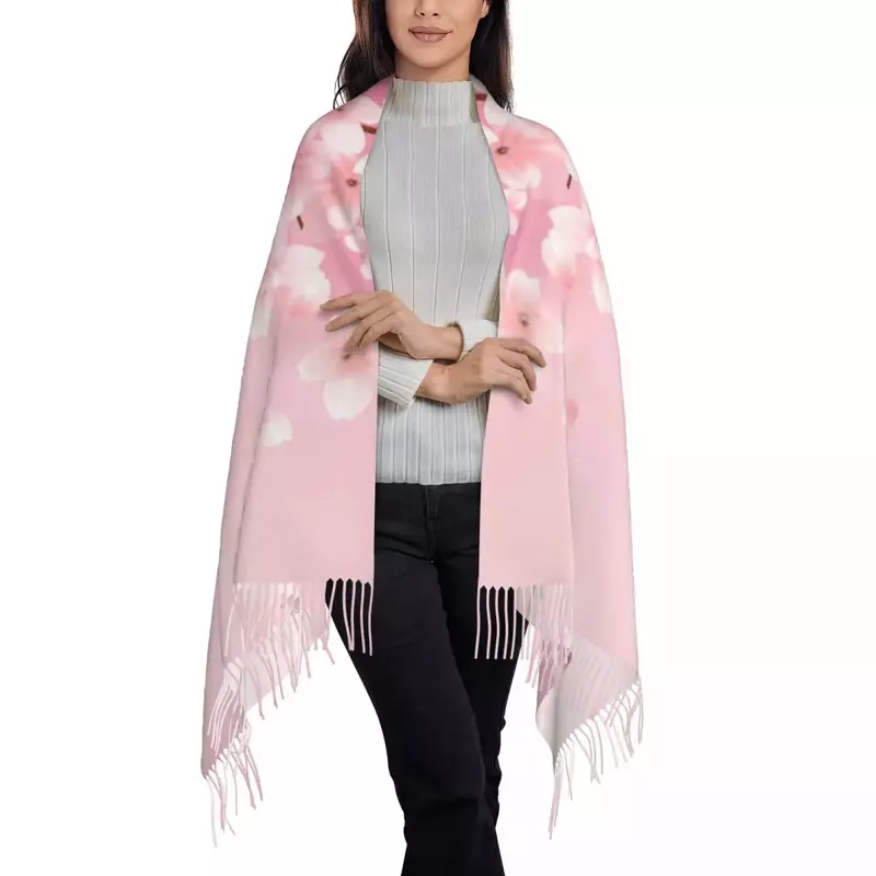 Женский шарф с цветами сакуры, зимняя шаль и Бандана с кисточками