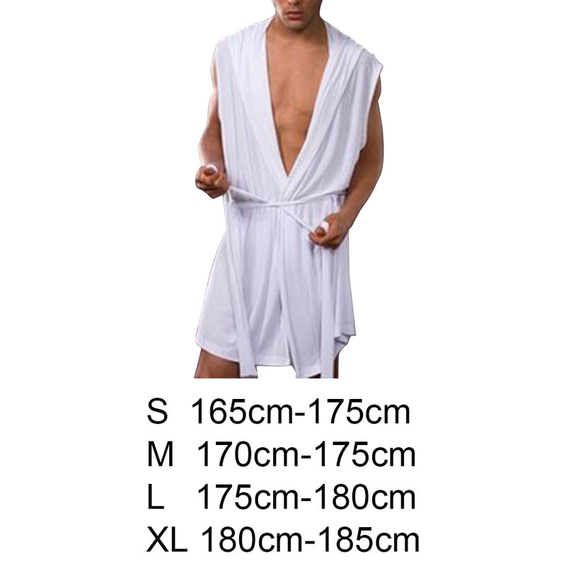 Men Summer Bathrobe Silky Hooded Sleeveless Bathrobe Sleepwear Pajamas