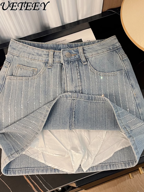 Saia jeans retrô brilhante com strass feminina, cintura alta, linha A, enrolada no quadril, minissaias, primavera e verão