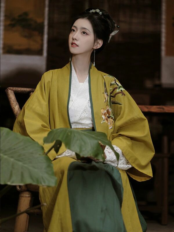 Gaun Hanfu Cina gaun Cosplay wanita tradisional Vintage Hanfu kostum Dinasti Lagu Hijau & kuning gaun Hanfu ukuran Plus XL