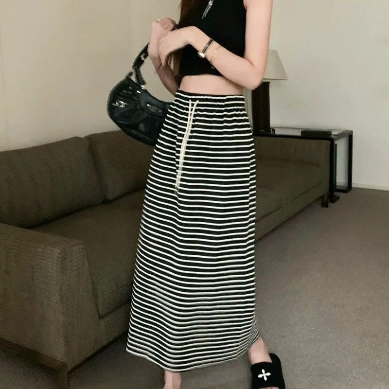 Fashion High Waist Drawstring Ankle Skirts Elastic Women's Clothing Korean Striped Summer All-match Casual A-Line Long Skirts