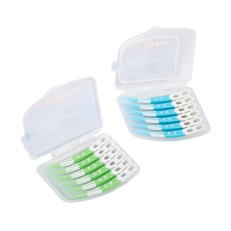 12 buah/kotak sikat Interdental silikon sikat gigi tusuk gigi silikon tusuk gigi dengan benang alat pembersih mulut