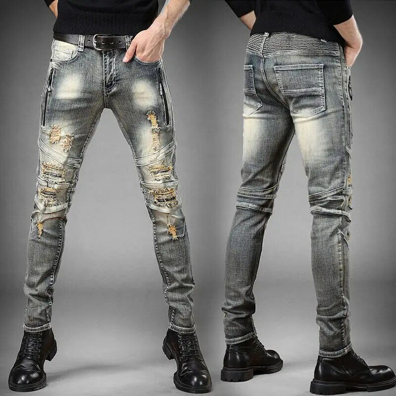 เสื้อผ้าสไตล์เกาหลีฤดูใบไม้ร่วงกางเกงรัดรูป celana JEANS DENIM ลำลองสำหรับผู้ชายกางเกงผ้าฝ้ายมีรอยขาดวินเทจแบบใหม่