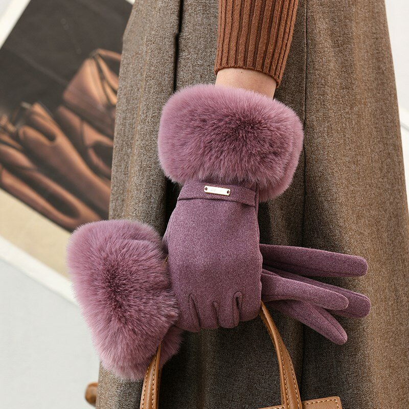 Zimowe eleganckie damskie rękawiczki z ekranem dotykowym aksamitne zagęszczone rękawiczki z futra królika damskie rękawice ciepłe rękawiczki