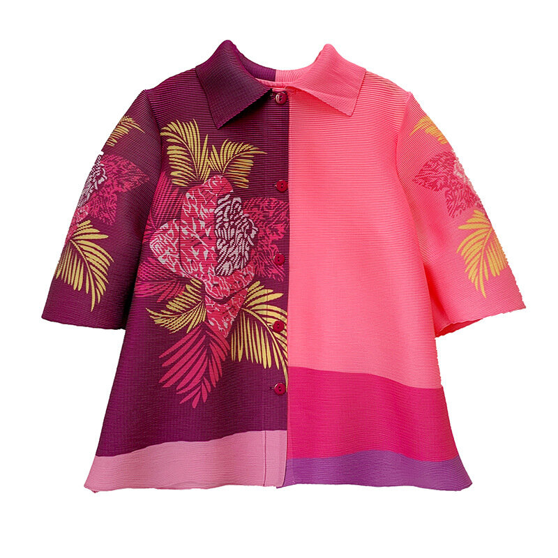 Miyake-새로운 에스닉 스타일 프린트 주름 재킷 여성용, 턴다운 칼라 싱글 브레스트 신축성, 2023 봄