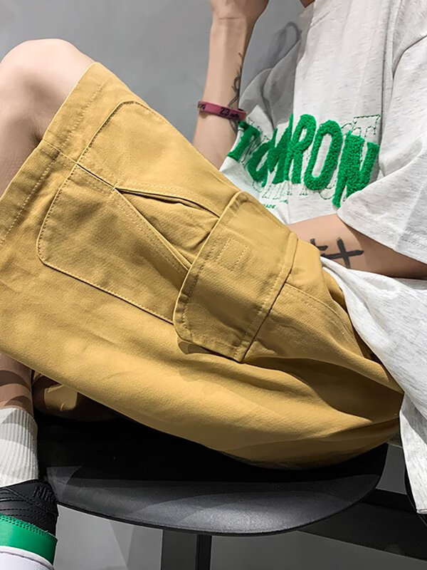 Men 2024 Summer Fashion Solid Color Cargo Shorts Men's Drawstring Loose Pocket Short Pants Male New Casual Straight Shorts G35