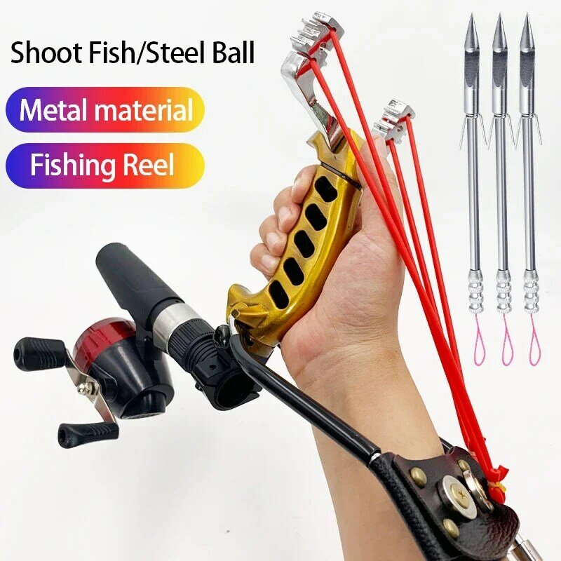 Catapulta de caza de Metal para tiro de peces, Clip de bola para la muñeca plegable, banda de goma fuerte, carrete de tiro de dardos al aire libre, Juego de pesca