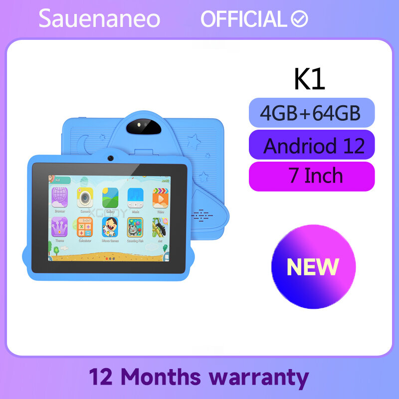 Sauenaneo 어린이 태블릿, 안드로이드 12 쿼드 코어, 4GB RAM + 64GB ROM, 6000mAh, 듀얼 카메라, 와이파이, 자녀 보호 기능, 7 인치