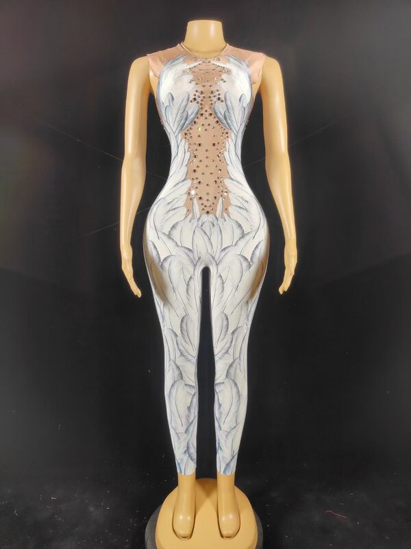Crystals Wings Angel Jumpsuit White Feather 3D Printed Bodysuit Nigthclub Singer Dance Outfit Rhinestones Stage Rompers Tianshi
