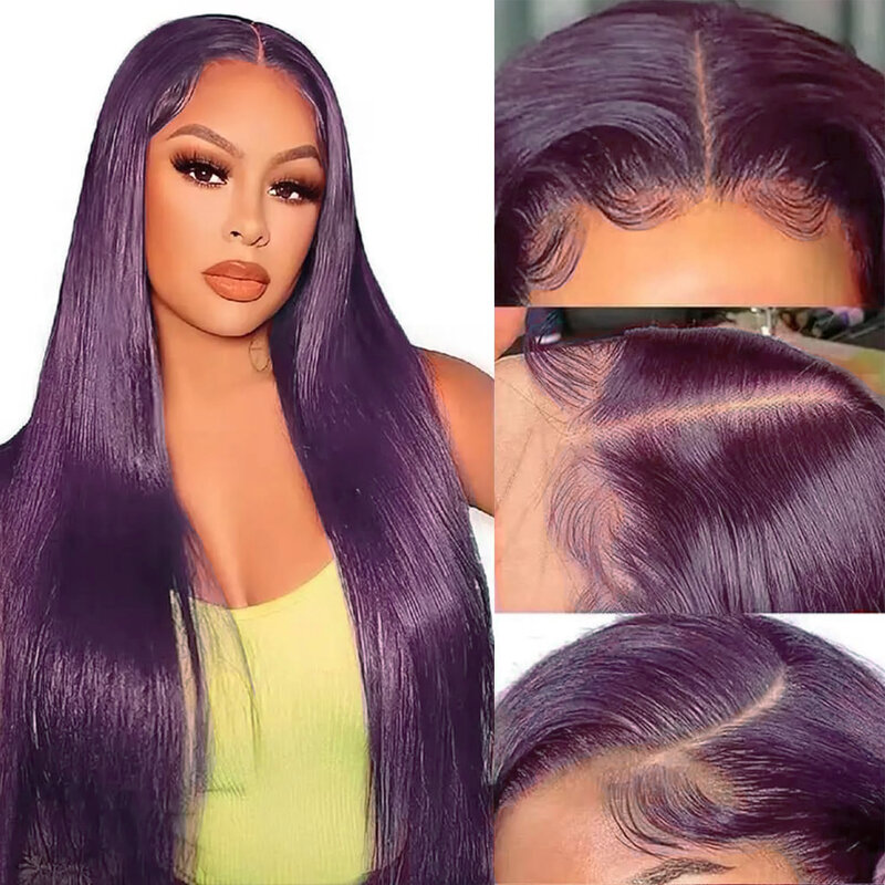 Wig 13x4 renda lurus Burgundy gelap wig depan HD transparan Deep Purple Lace wig depan untuk wig hitam wanita sintetis tanpa lem