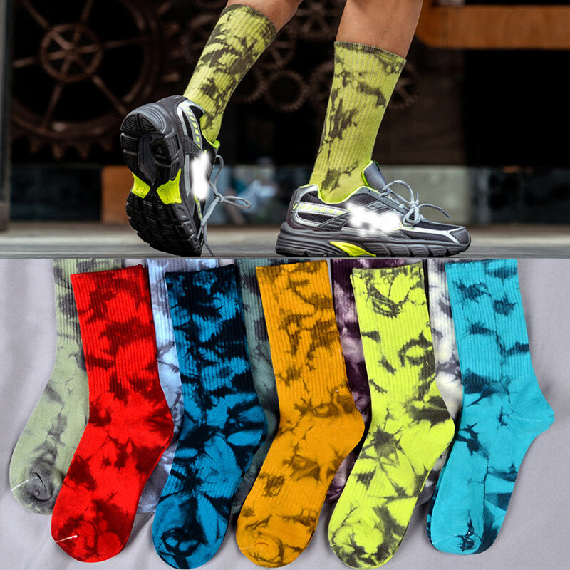 Носки Tie-dye для мужчин и женщин, мужские хлопковые носки с высоким вырезом, уличные носки, европейские и американские носки для скейтборда, длинные носки