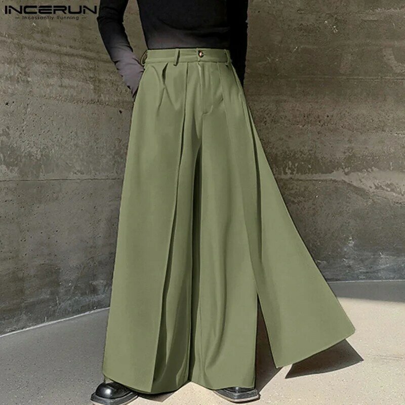 INCERUN 2024 Style coréen fjFashion hommes faux deux pièces pantalon large jambe décontracté Streetwear adt solide jupe pantalons S-5XL