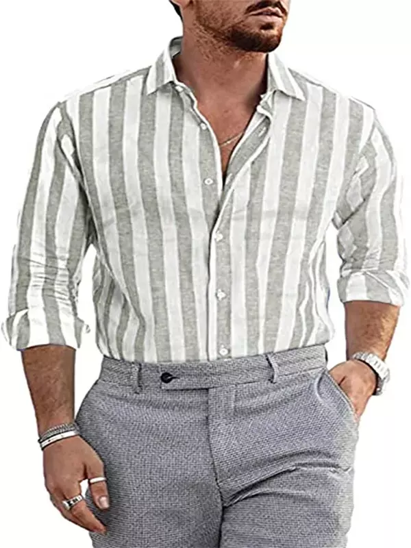 เสื้อสำนักงานนอกบ้านคอปกลายทางของผู้ชาย, เสื้อ2023แฟชั่นใหม่ฤดูใบไม้ผลิฤดูร้อนเสื้อแฟชั่นใหม่เสื้อแขนยาวมีกระดุม