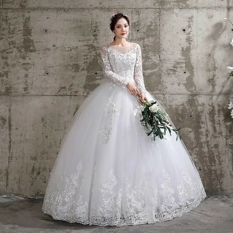 Gaun Pernikahan Ringan Korea Musim Panas Baru Vestidos De Novia Off White Bride Leher O Dream Princess Applique Renda Lengan Panjang Sederhana