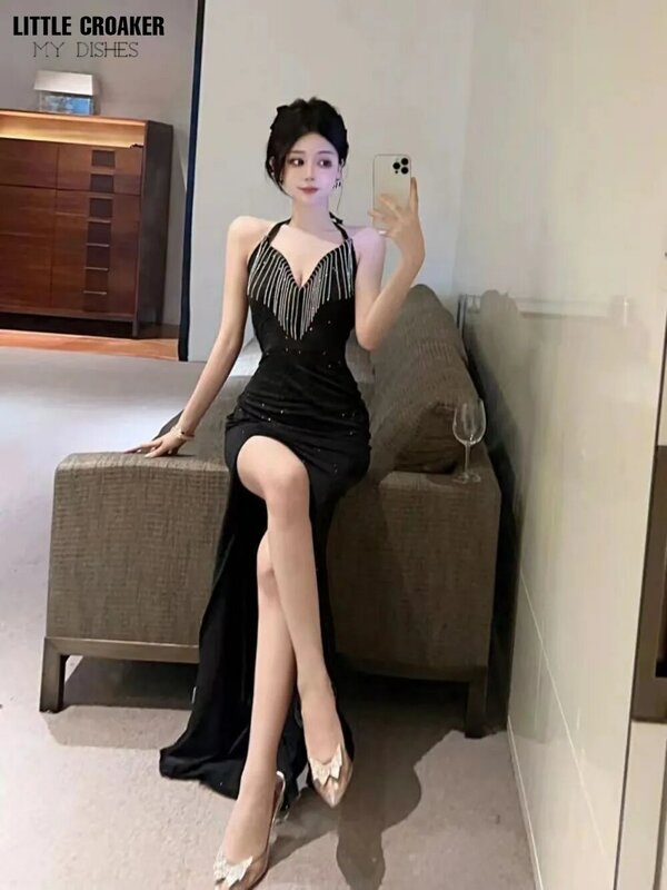 Spaghetti Strap nappa collo Backless Black Party Dress donna elegante abito lungo scintillante con spacco alto