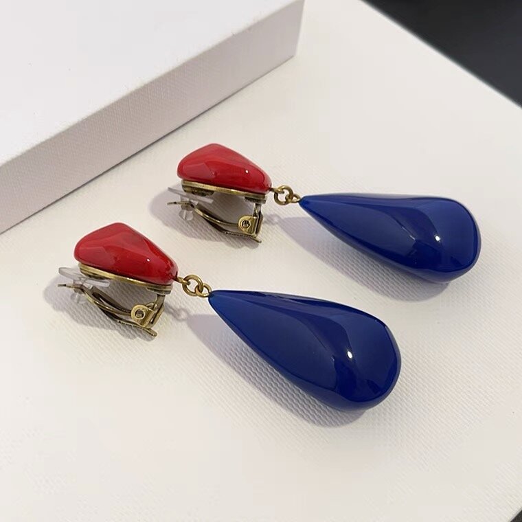 Earrings Retro Light Luxury Fashion Exaggerated Red Blue Contrast Color Resin Ear Clip For Women Aretes De Mujer Pendientes
