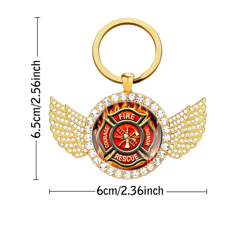 High Quality Fire Rescue Glass Cabochon Metal Pendant Keychains With Wings Personality Key Ring Jewelry Gifts