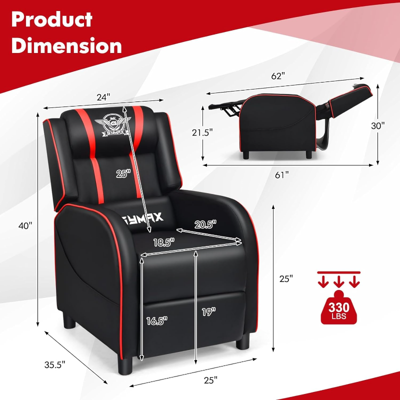 GYMAX silla reclinable para juegos, Sillón de masaje con reposapiés ajustable, Control remoto y bolsillo lateral, sillón ergonómico para salón de juegos