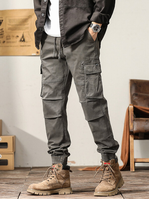 2023 Осенние новые брюки-карго, Мужская Рабочая одежда с несколькими карманами, одноцветные хлопковые облегающие мужские повседневные брюки для бега