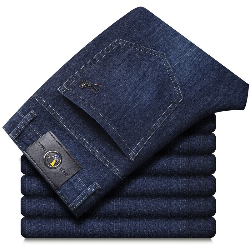 Celana Jeans bisnis lurus pria, Jeans Denim kasual katun elastis reguler Fit klasik untuk pria hitam musim semi 2024