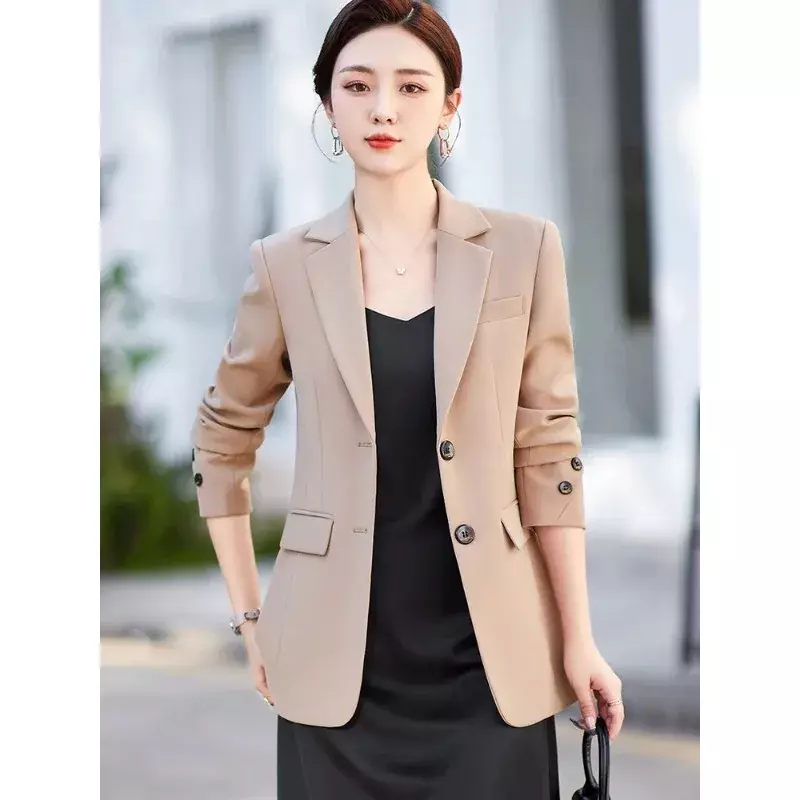 Blazer de botão único de manga comprida feminino, cinzento, cáqui, preto, monocromático, casaco fino, casaco casual