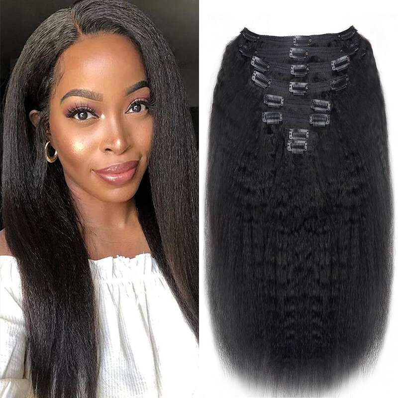 Kinky Straight Clip In Hair Extensions Real Human Hair Natural Black 120g Full Head Clip ins Seamless Kinky Straight Clip on 1B
