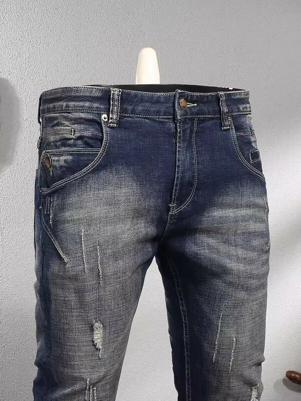Fashion Designer Men Jeans High Quality Retro Black Blue Elastic Slim Fit Ripped Jeans Men Spliced Designer Vintage Denim Pants