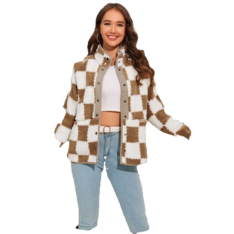 Casual Style Versatile Plaid Jacket For Women, Autumn New Loose Fitting Warm Long Sleeved Top Women