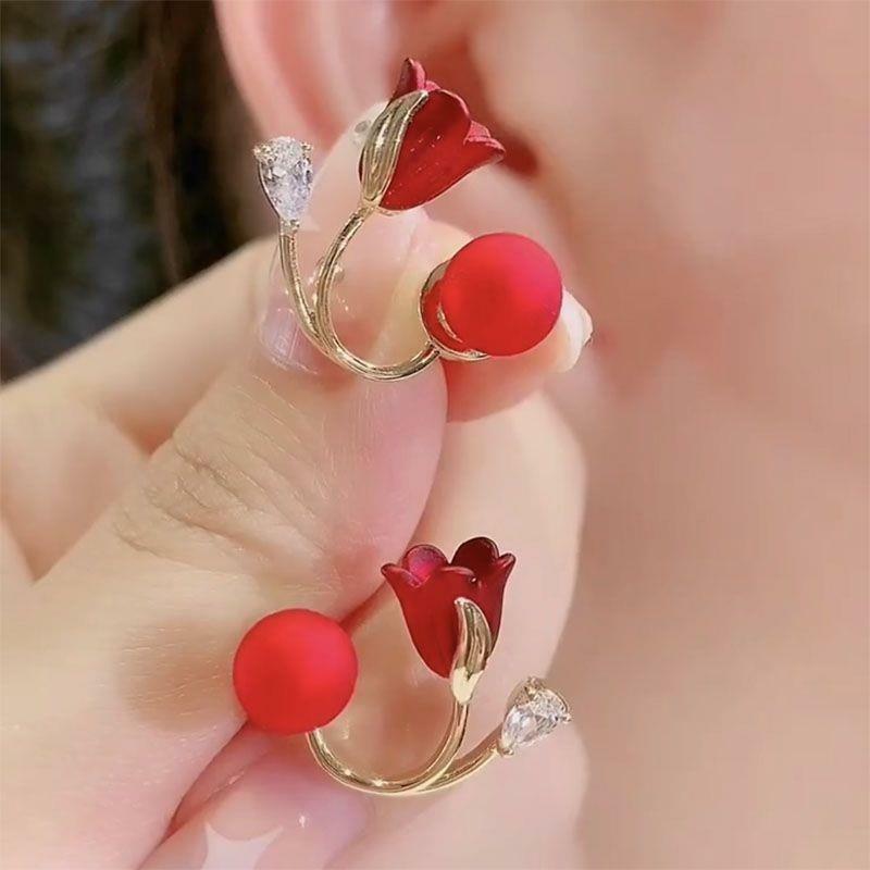 Mode Mawar Merah Berlian Imitasi Anting Stud untuk Wanita Kupu-kupu Sayap Malaikat Mutiara Bunga Anting Pengantin Pernikahan Pertunangan Perhiasan