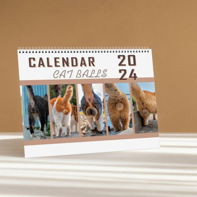 Calendario de pared con diseño de gatos divertidos, calendario de escritorio de gran tamaño, regalos de mordaza, 12 meses, 2024