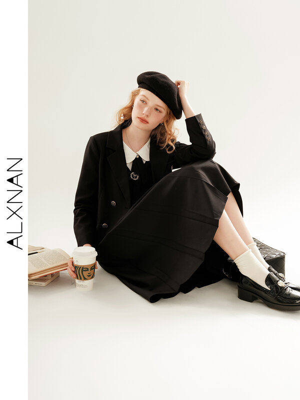 ALXNAN-Chaqueta de moda para mujer, Tops de traje pequeño, abrigo negro, ropa holgada, chaqueta recta con temperamento, TM00305, otoño, 2024