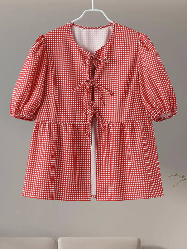 Модный кружевной топ с пузырьковыми рукавами, Женская ажурная рубашка с круглым вырезом, женский новый весенне-летний наряд для женщин, 2024