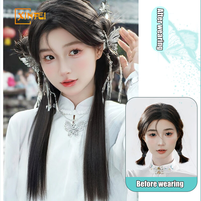 Wig wanita satu potong sintetis baru Cina rumbai busur bundel rambut ambil klip ekor kuda dasi rendah kepang panjang ekstensi rambut berbulu