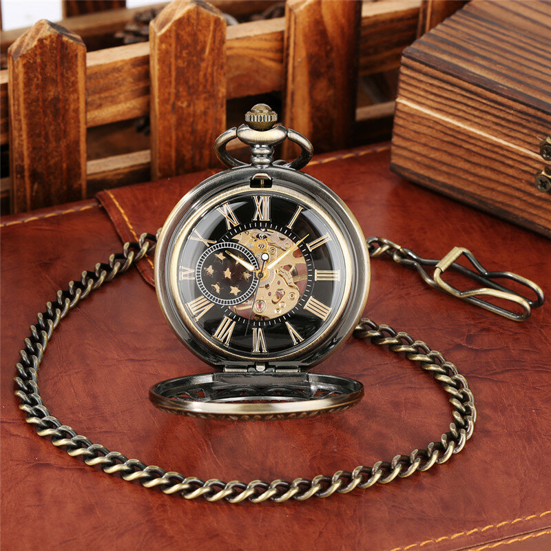 빈티지 스타일 할로우 아웃 플라워 케이스 남성 여성 핸드 와인딩 기계식 포켓 시계, 로마 숫자 시계 고리 펜던트 체인