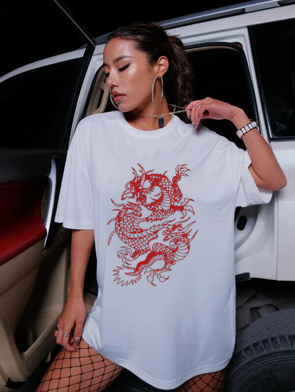 T-shirt Manches Courtes pour Femme, Vêtement de Rue, Harajuku, Y2K, Y-Harajuku, Dragon Gothique, Imprimé Mythe, Grande Taille