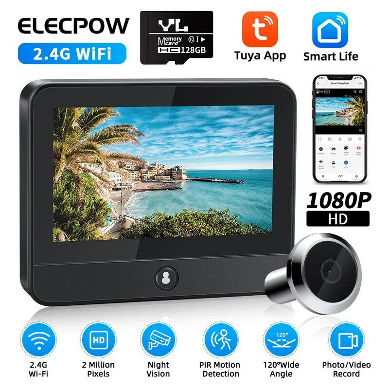 Elecpow-Tuya Smart Digital Porta Peepholes Câmera, Wi-Fi, Radar, 4,3 ", 1080P, Campainha de Vídeo, Visão Noturna PIR, Detecção de Movimento