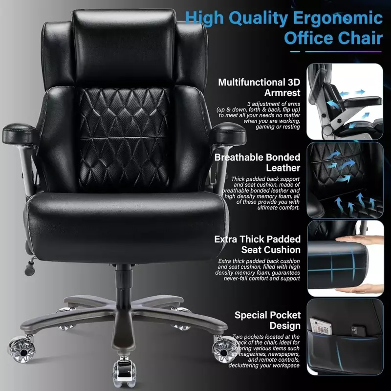 Krzesło biurowe-wsparcie regulowana talia 3D z klapką Heavy Metal podstawa i koła, gruby wyściełany ergonomiczna konstrukcja