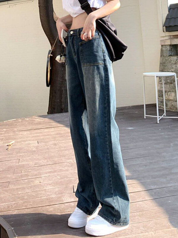 Pantalones vaqueros holgados de pierna ancha para mujer, ropa informal Vintage blanqueada, estilo coreano Simple que combina con todo, pantalones clásicos de cintura alta para primavera