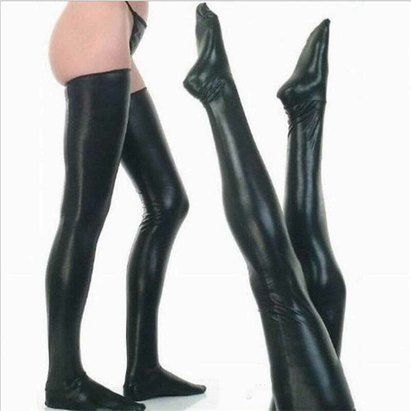 PU couro coxa meias altas para homens e mulheres, meias apertadas, Clubwear erótico, imitação de couro, molhado olhar patente