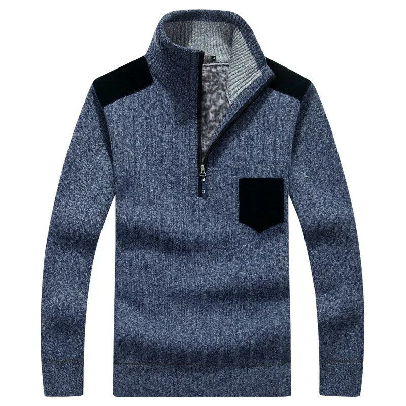 Pullover Sweater beludru hangat pria, pakaian Sweater longgar kerah berdiri tebal setengah ritsleting, Sweater musim dingin pria
