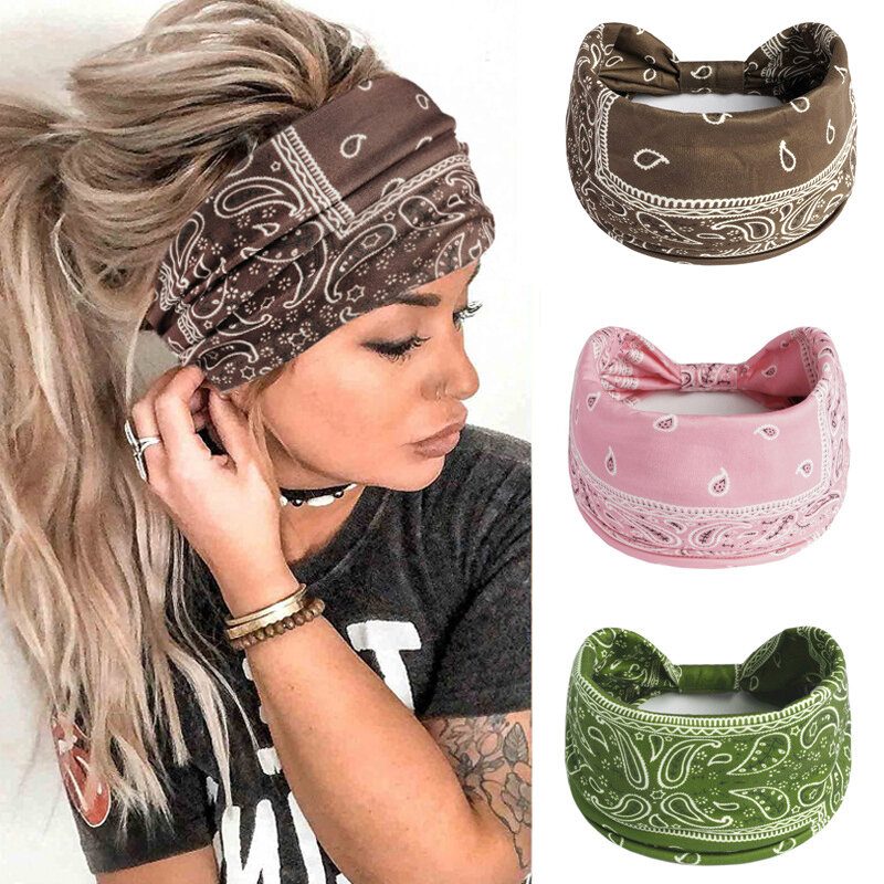 Boho Knot Yoga Turbantes para Mulheres, Envoltório Elástico na Cabeça, Headband Larga, Headwear Impresso, Moda Hair Band Acessórios