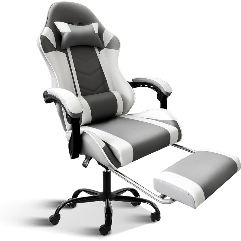 Белый игровой стул YSSOA с подставкой для ног, большой и высокий игровой стул, регулируемое вращающееся офисное кресло В гоночном стиле, эргономичное