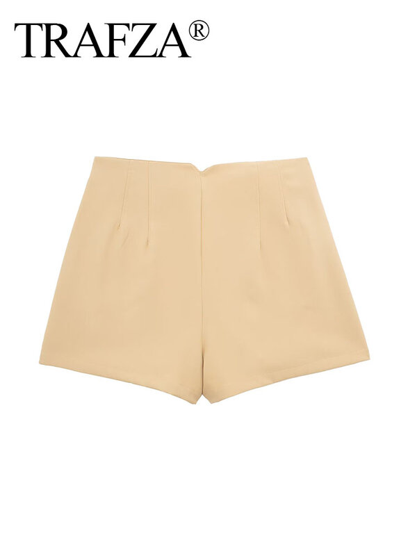 TRAFZA Woman 2024 New Fashion Side Pockets Zipper   Skinny Solid Color Mini Shorts Female Chic Casual High Waist Shorts TRAF
