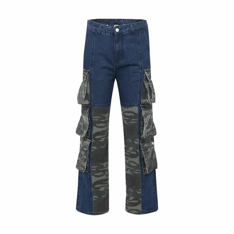 New 2024 Original American Multi Pocket Camo Workwear Spliced Jeans for Men and Women's Personalized Loose Straight Pants