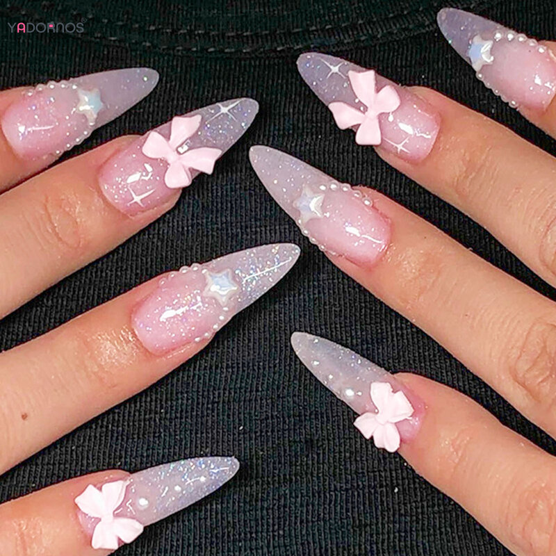 24Pcs Pink Press on Nails unghie finte stile francese alla mandorla con Design a fiocco lungo Ballerina unghie finte indossabili per le donne